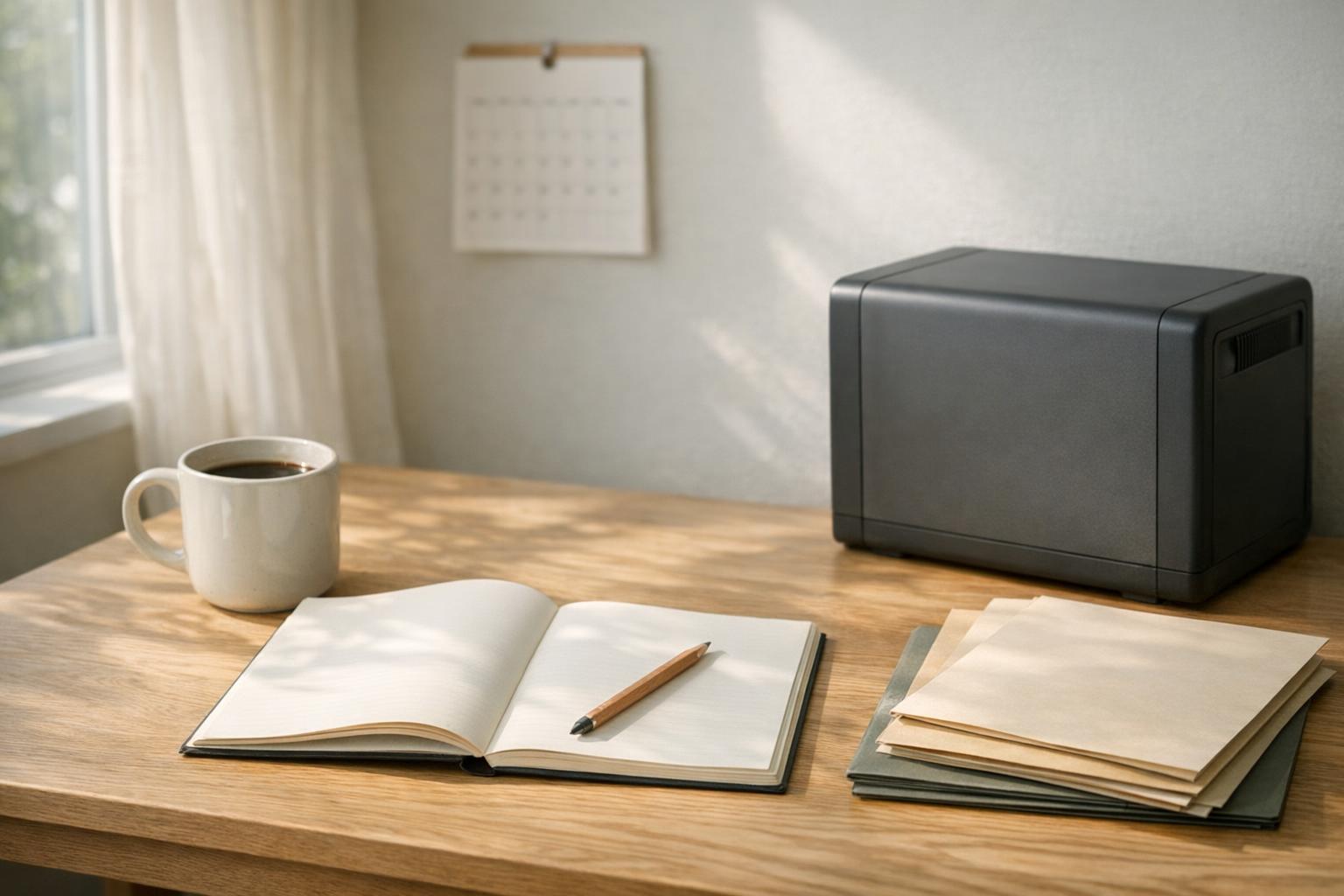 Notebook, mug and folders beside a dark storage box on a desk.