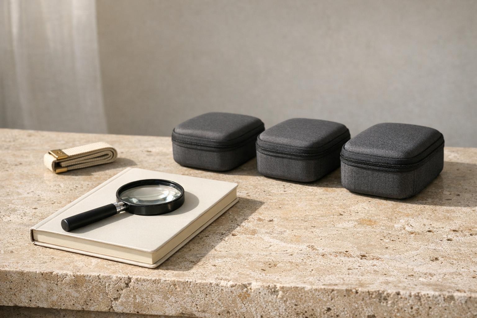 Three zippered cases and a magnifying glass on a work surface.