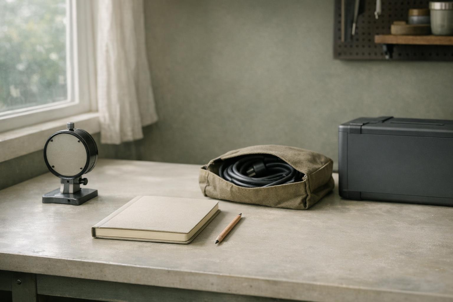 Notebook, round gauge and coiled cable on a desk beside a window.